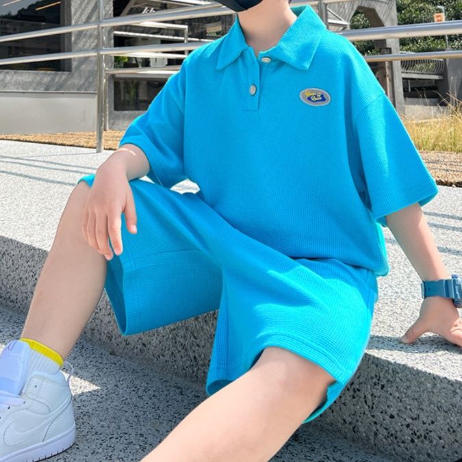 【キッズ上下セット】スウェットパンツ 子供用ポロシャツセットアップ半袖ショート