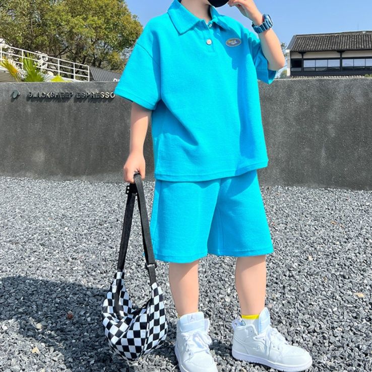 【キッズ上下セット】スウェットパンツ 子供用ポロシャツセットアップ半袖ショート