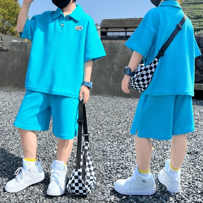 【キッズ上下セット】スウェットパンツ 子供用ポロシャツセットアップ半袖ショート