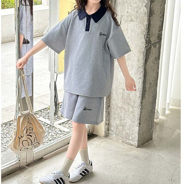 【キッズ上下セット】スウェットパンツ 襟付きポロシャツセットアップショートパンツ