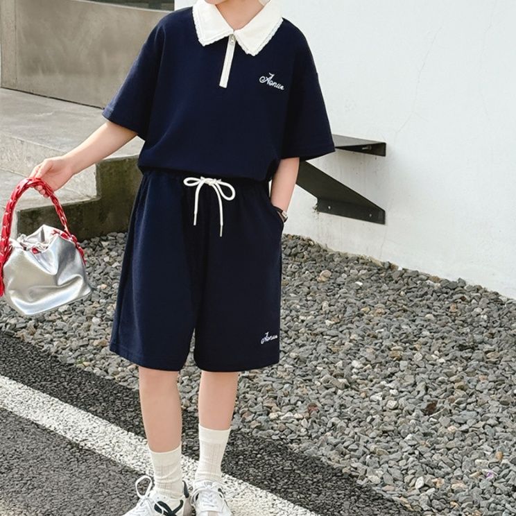 【キッズ上下セット】スウェットパンツ 花びえり襟ポロシャツセットアップ