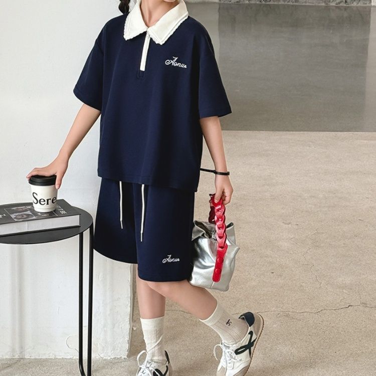 【キッズ上下セット】スウェットパンツ 花びえり襟ポロシャツセットアップ