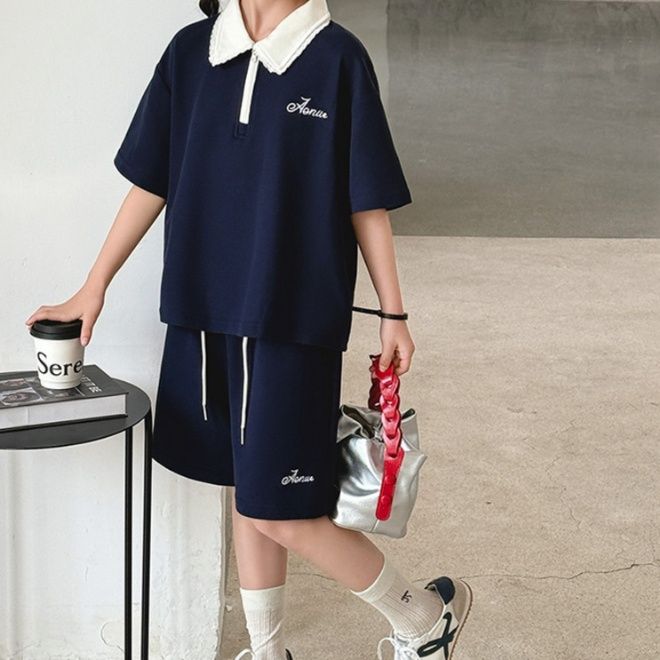 【キッズ上下セット】スウェットパンツ 花びえり襟ポロシャツセットアップ