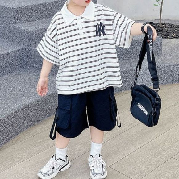 【キッズ上下セット】スウェットパンツ ストライプポロシャツ半袖セットアップ