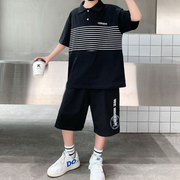 【キッズ上下セット】ボーダーライン切替セットアップスウェットパンツ