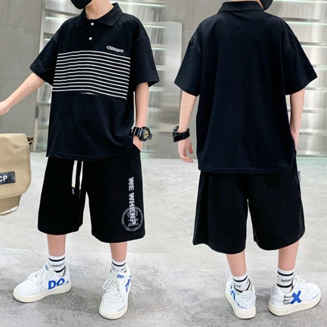 【キッズ上下セット】ボーダーライン切替セットアップスウェットパンツ