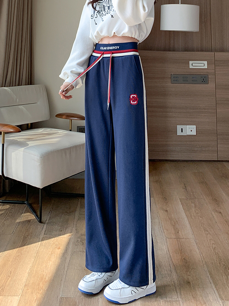 【レディース】スウェットパンツ 綿素材ラインデザイン紐付きワイドパンツ