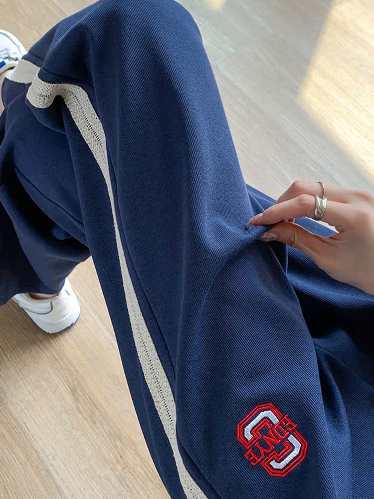 【レディース】スウェットパンツ 綿素材ラインデザイン紐付きワイドパンツ