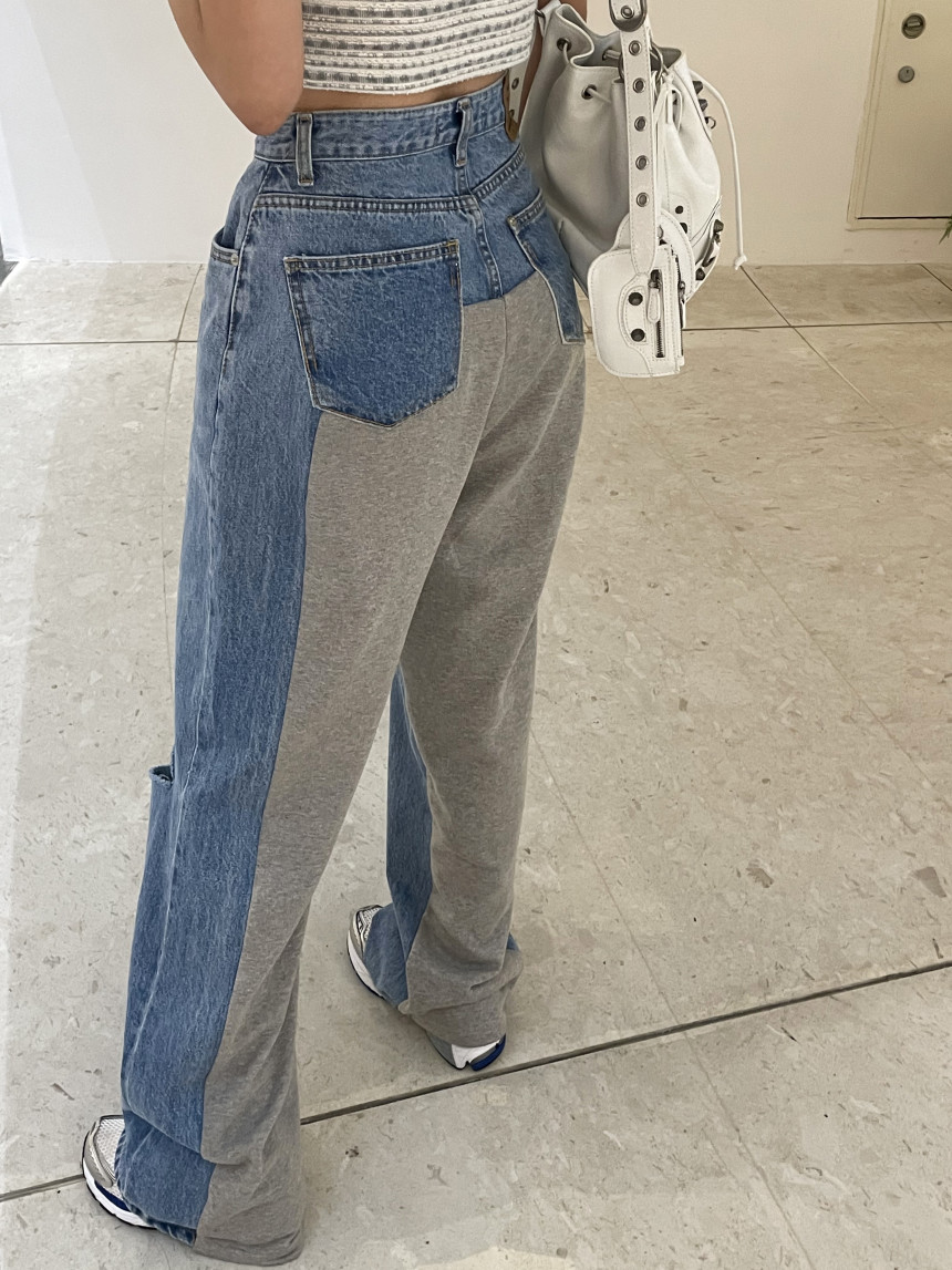 【レディース】デニム切替デザインストレートスウェットパンツ