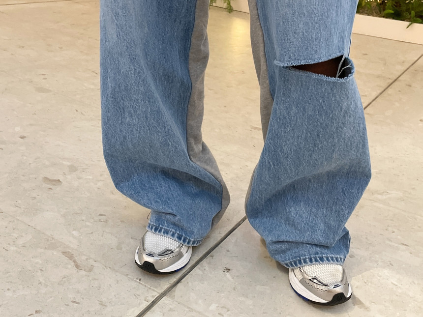 【レディース】デニム切替デザインストレートスウェットパンツ