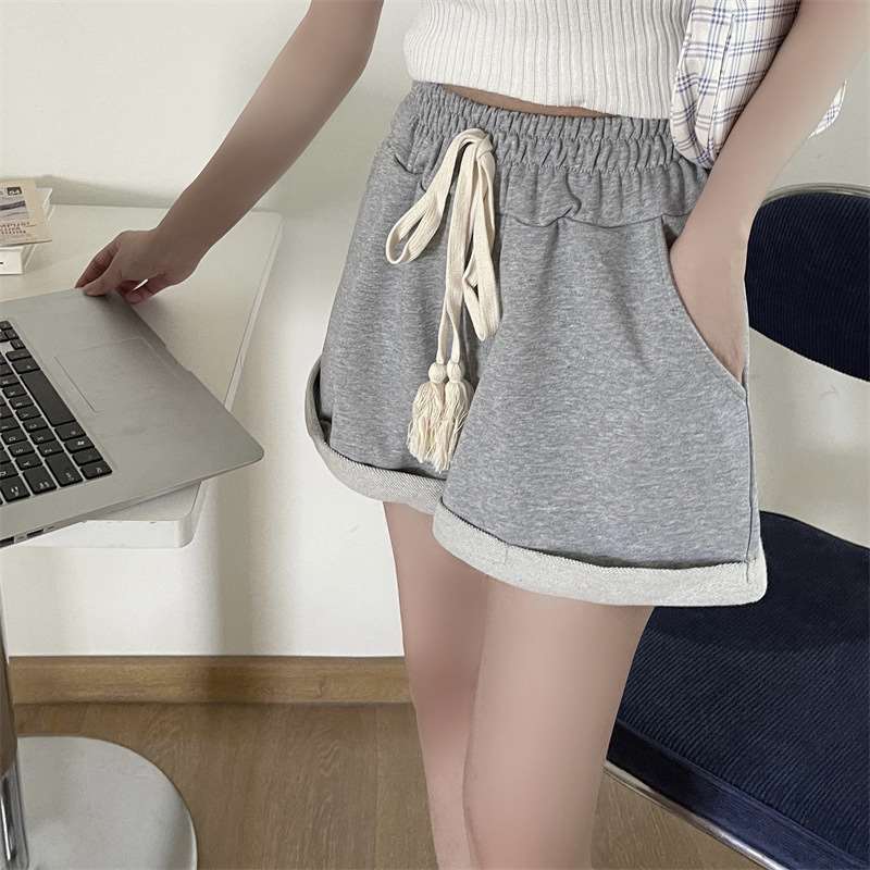 【レディース】スウェットパンツ タッセル付きハイウエストロールアップショートパンツ