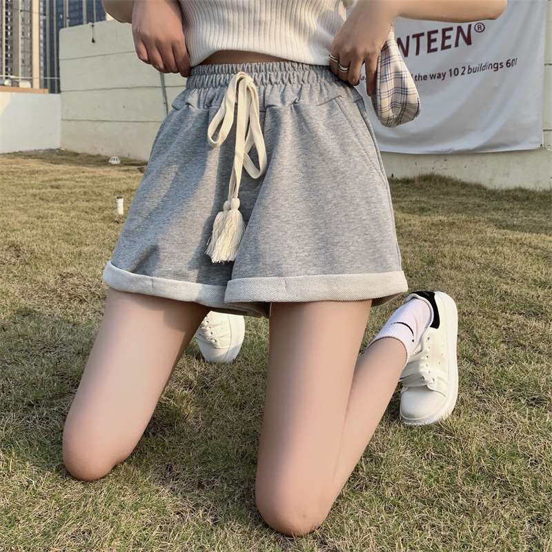 【レディース】スウェットパンツ タッセル付きハイウエストロールアップショートパンツ
