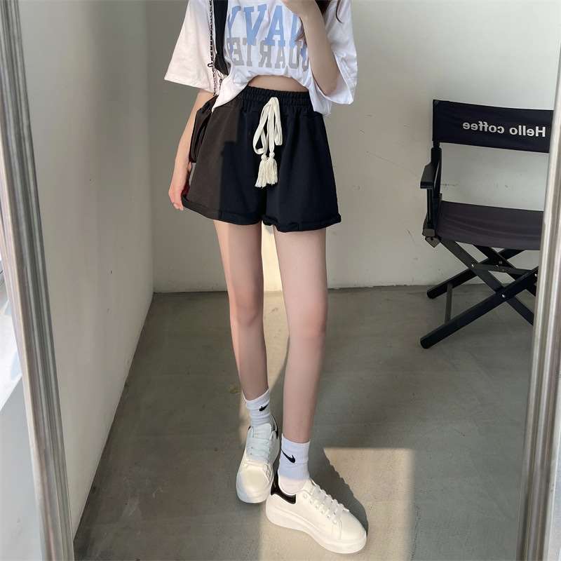 【レディース】スウェットパンツ タッセル付きハイウエストロールアップショートパンツ
