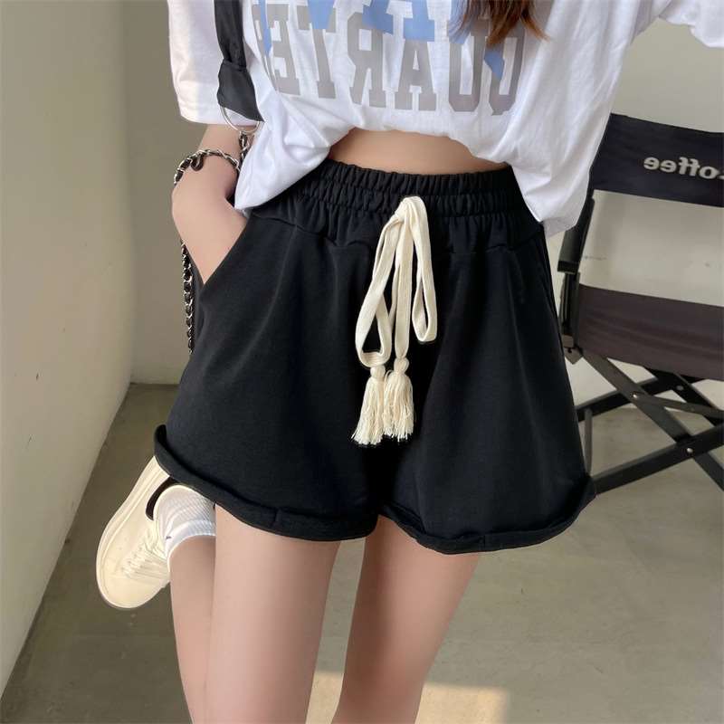 【レディース】スウェットパンツ タッセル付きハイウエストロールアップショートパンツ