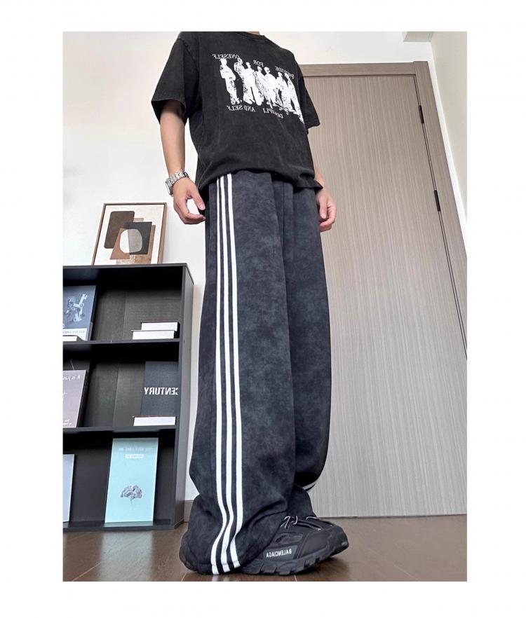 スウェットパンツ 三本線デザイン リラックスワイドパンツ