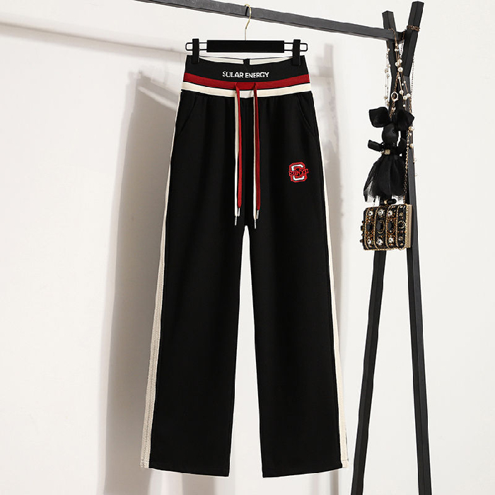 スウェットパンツ 綿素材ラインデザイン紐付きワイドパンツ