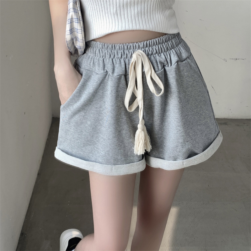 【レディース】スウェットパンツ タッセル付きハイウエストロールアップショートパンツ