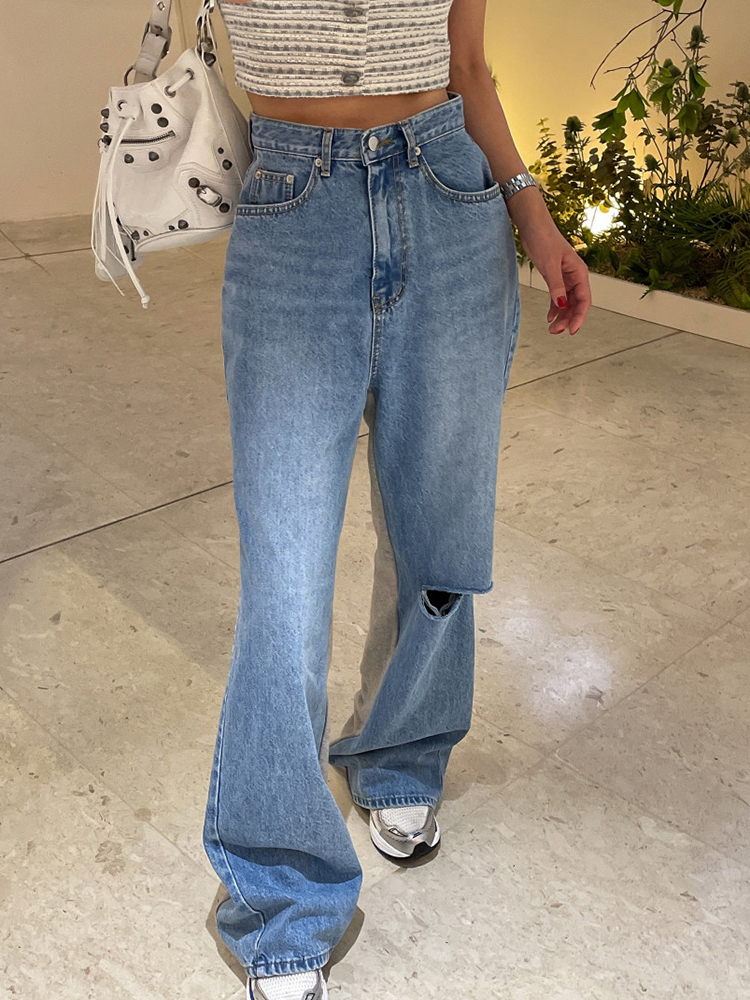 【レディース】デニム切替デザインストレートスウェットパンツ