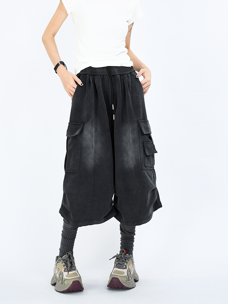 スウェットパンツ ヴィンテージ加工マルチポケットワイドパンツ