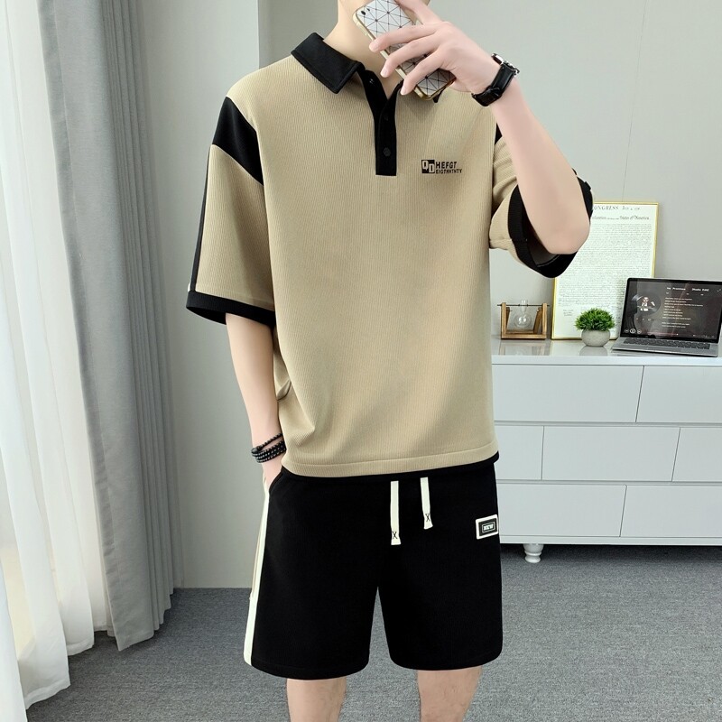 【メンズ上下セット】スウェットパンツ 襟付きトップス&ショートパンツセット