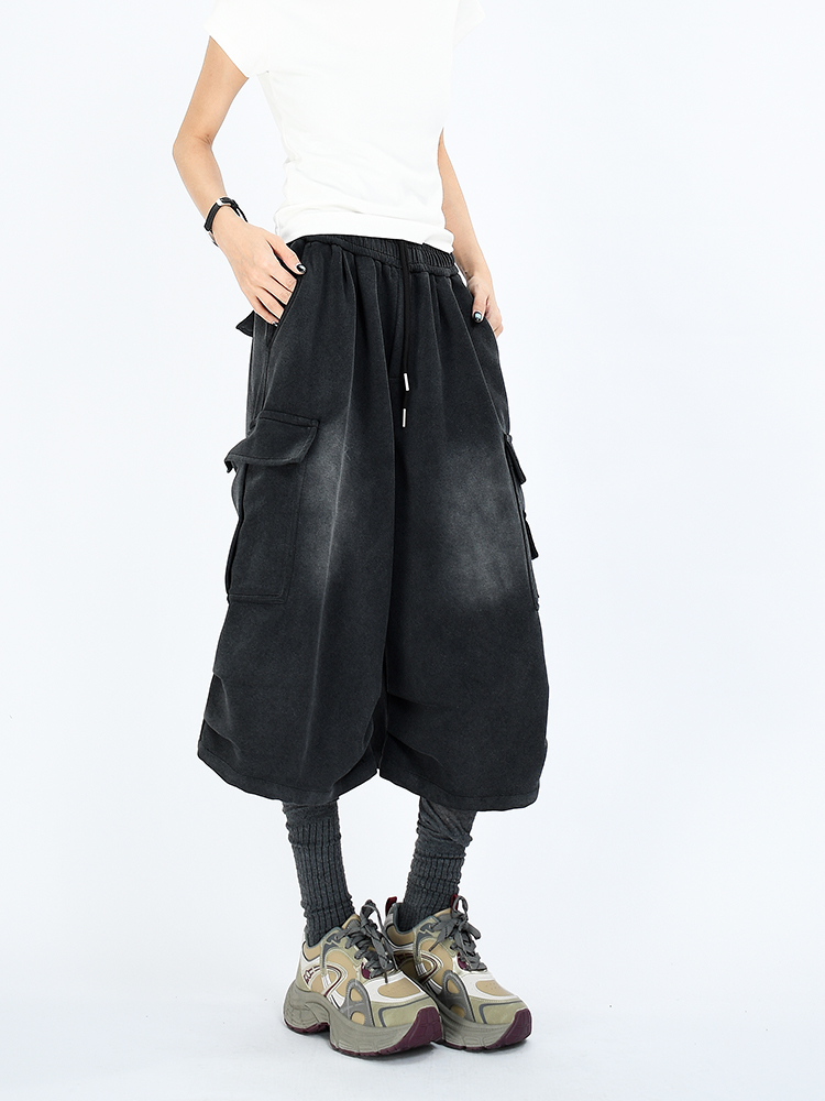 スウェットパンツ ヴィンテージ加工マルチポケットワイドパンツ