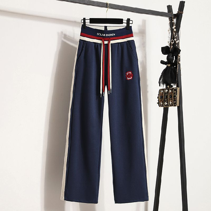 スウェットパンツ 綿素材ラインデザイン紐付きワイドパンツ