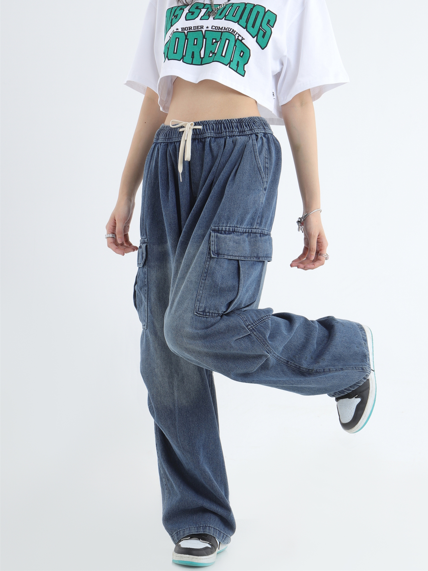 【レディース】カーゴポケット付きデニムワイドスウェットパンツ