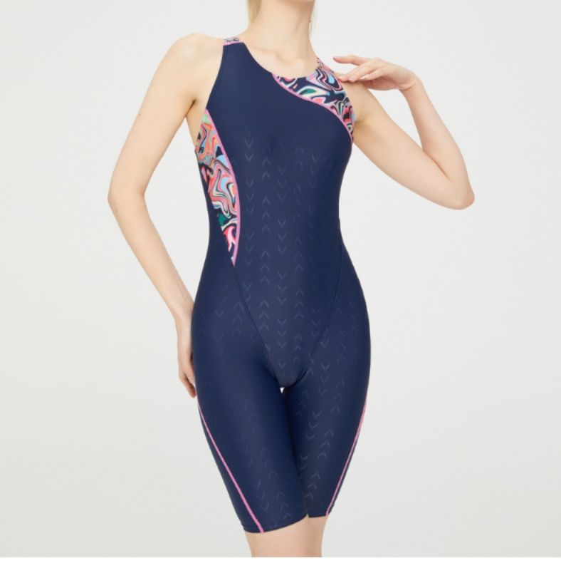 競泳水着 アシンメトリー柄切替膝丈競泳水着