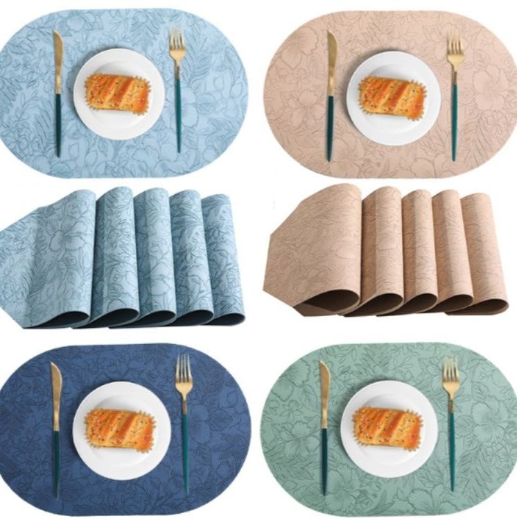 ランチョンマット合皮 立体花柄型押し合皮ランチョンマット楕円形