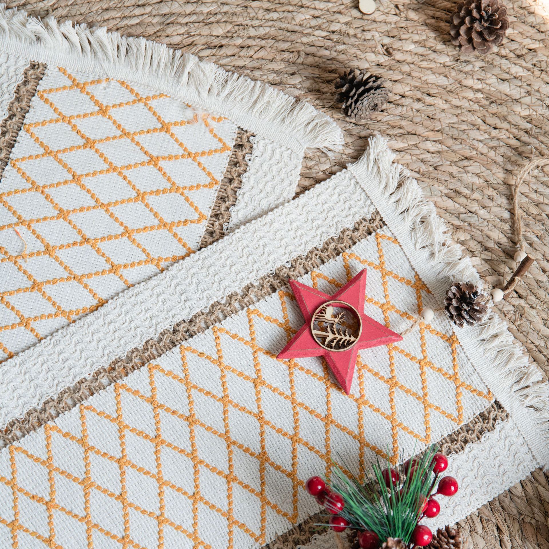 ランチョンマット 手織り風幾何学模様フリンジ付き