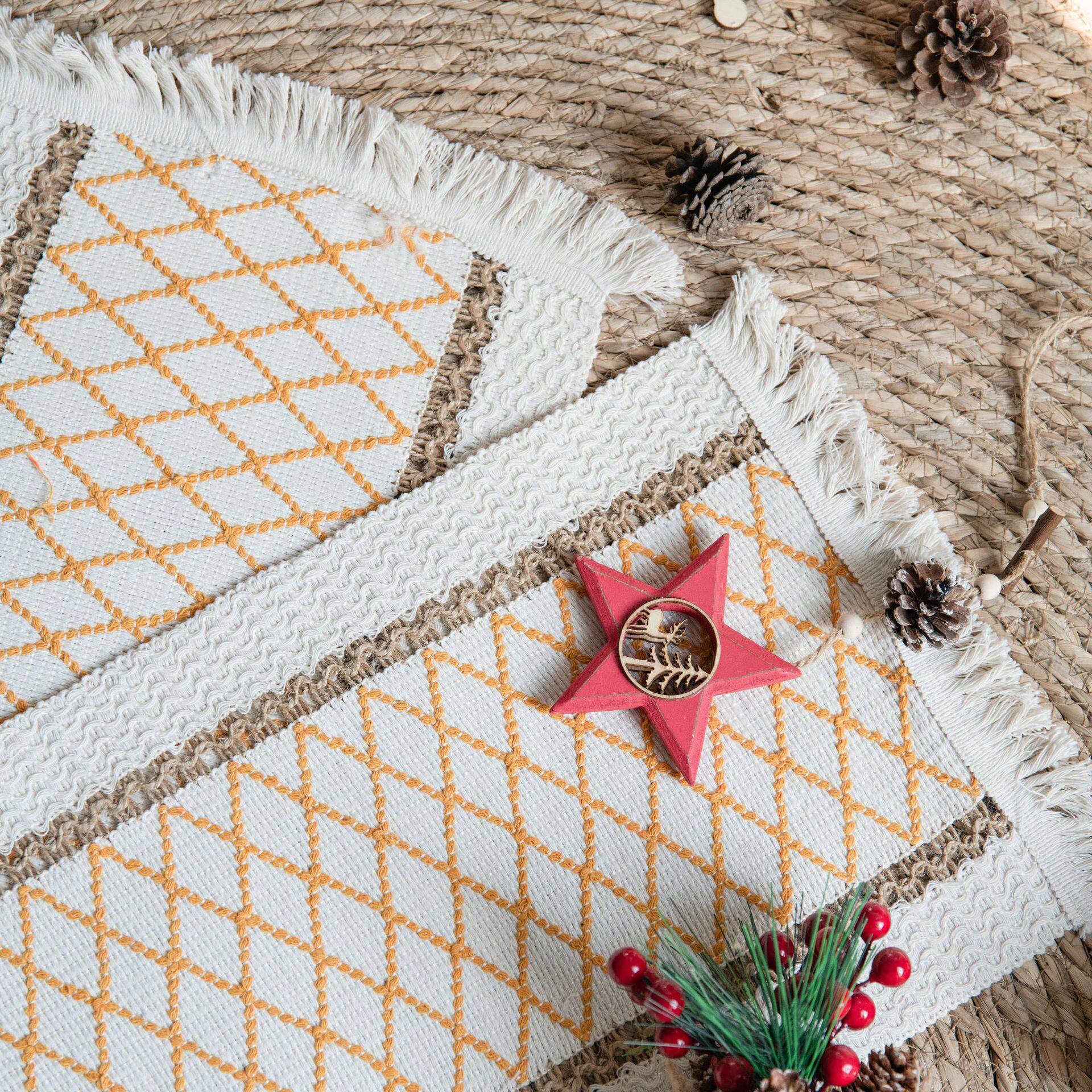 ランチョンマット 幾何学模様フリンジ付き