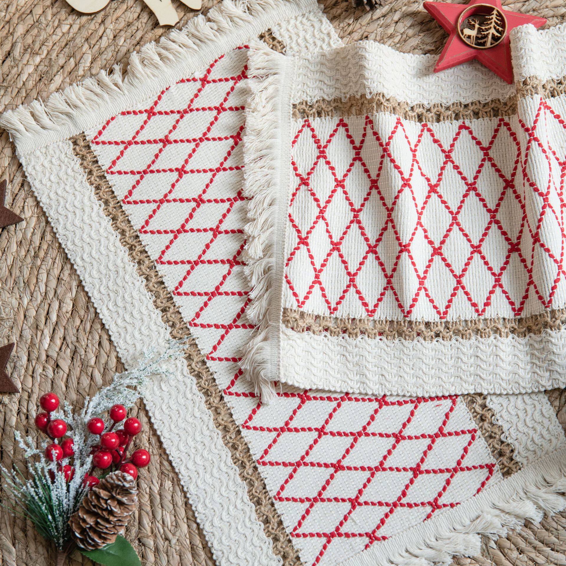 ランチョンマット 幾何学模様フリンジ付き