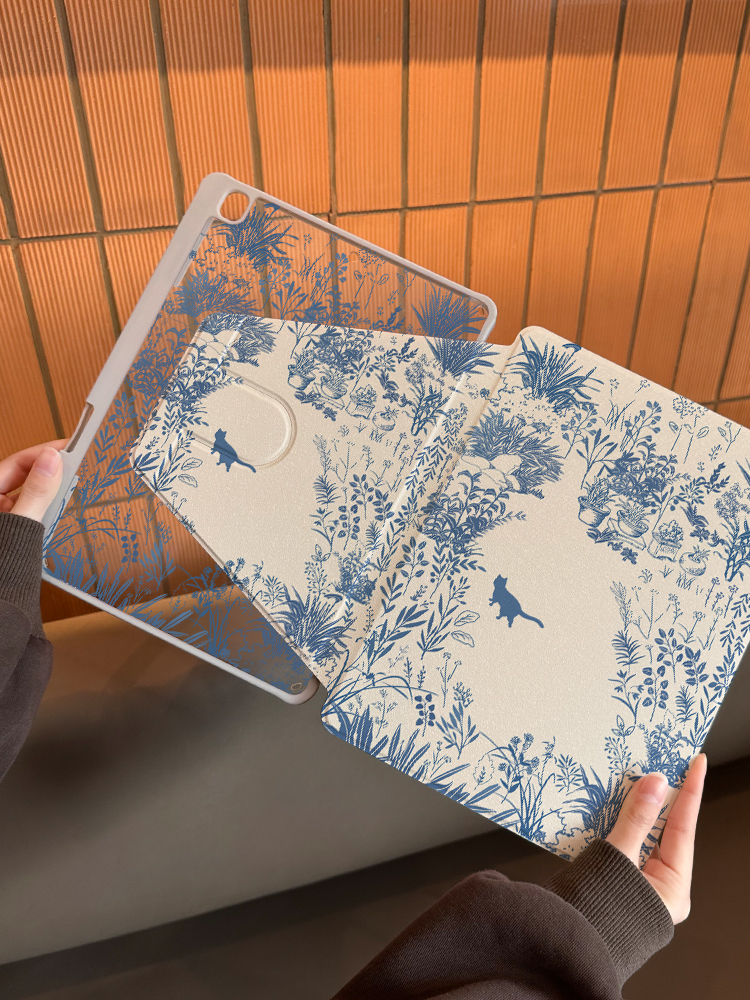 ipadカバー 猫と植物の庭園柄手帳型カバー