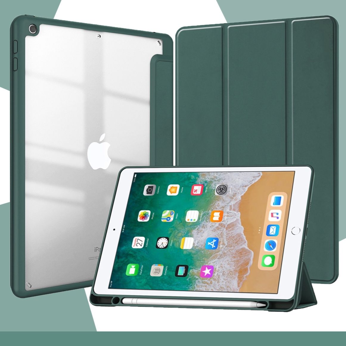 三つ折りスタンド機能付き透明背面保護ipadカバー