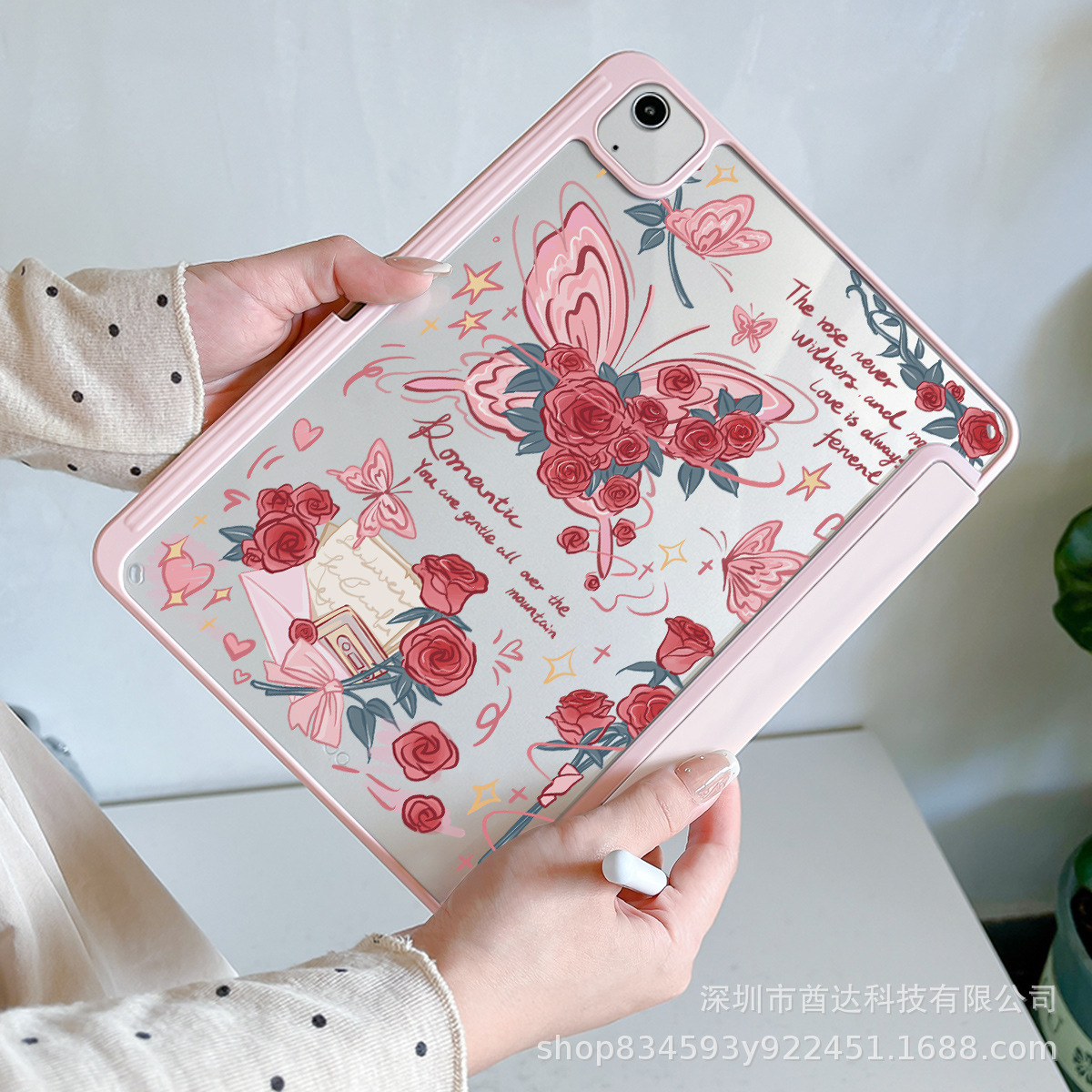 ipadカバー ロマンチックローズ 蝶々装飾保護カバー