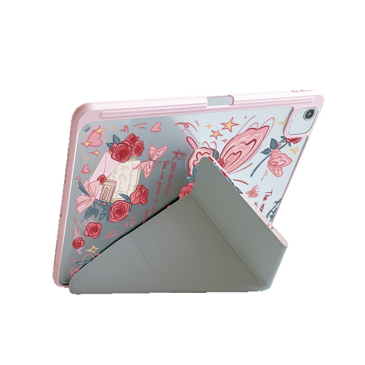 ipadカバー ロマンチックローズ 蝶々装飾保護カバー