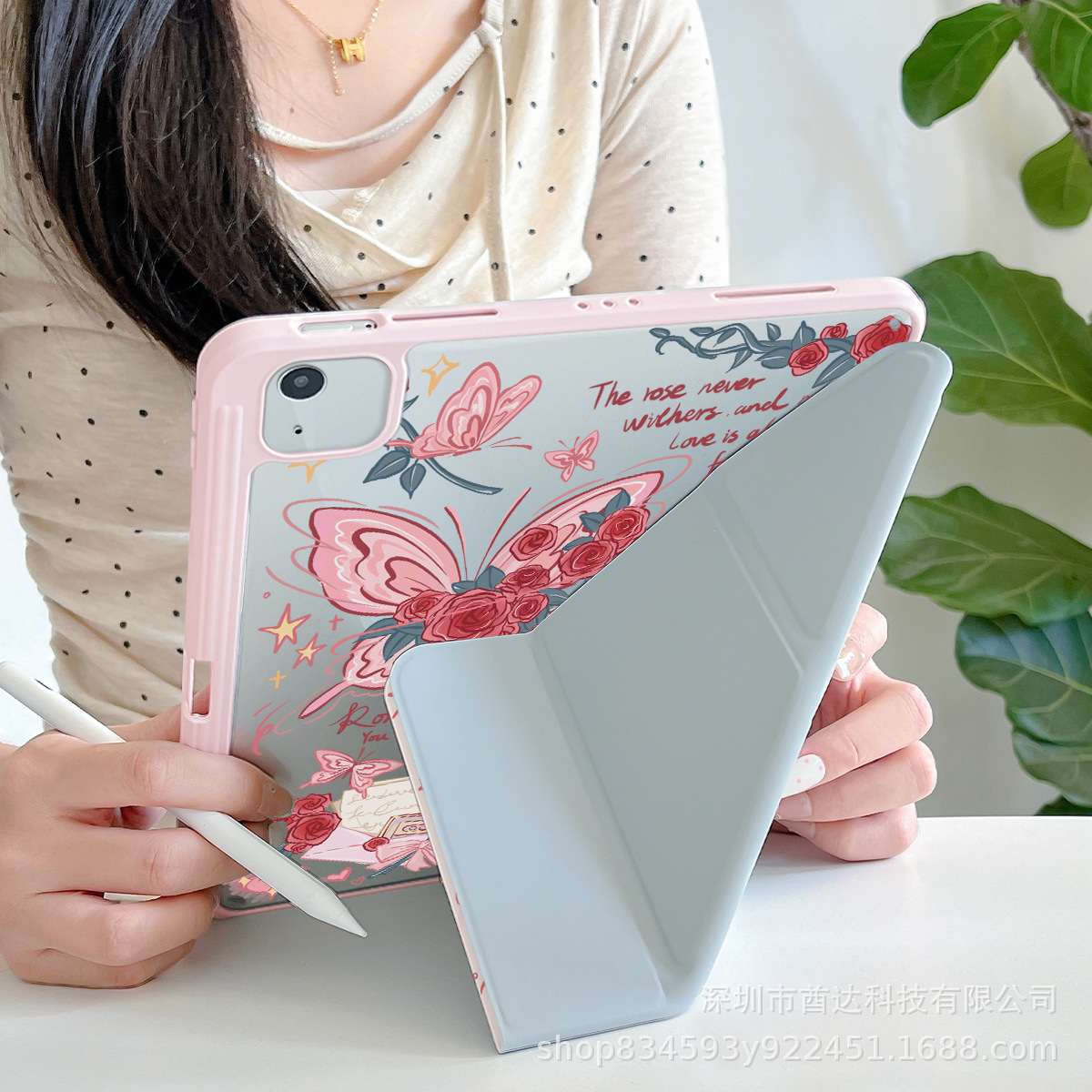 ipadカバー ロマンチックローズ 蝶々装飾保護カバー