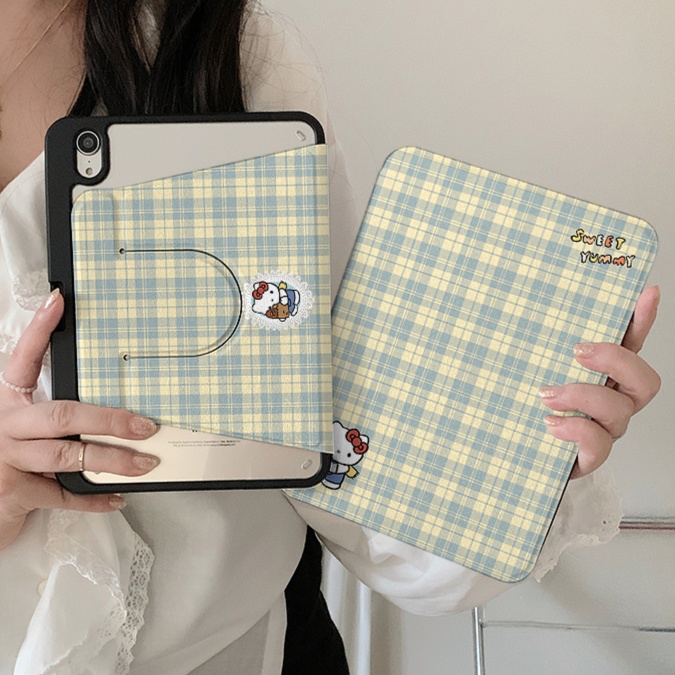 タブレットケース 格子模様 ねこちゃん 立て掛け式タブレットカバー