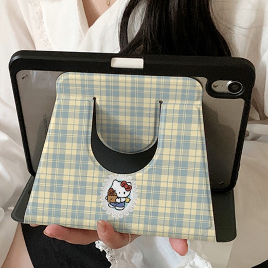 タブレットケース 格子模様 ねこちゃん 立て掛け式タブレットカバー