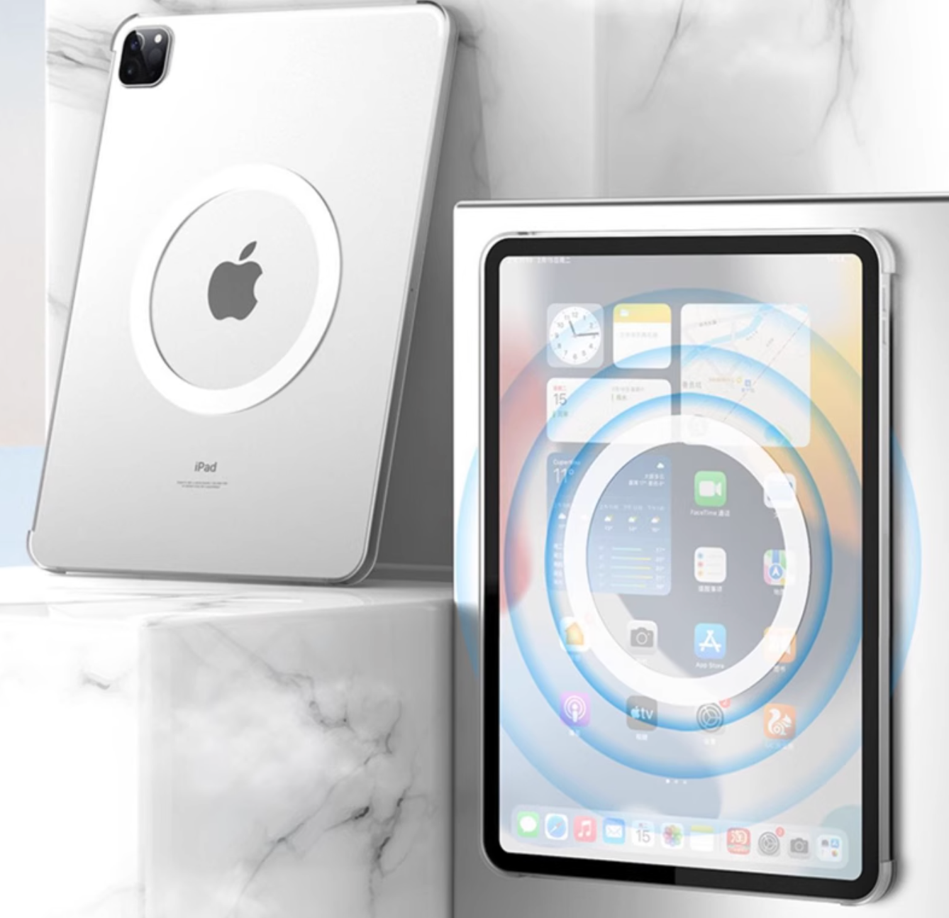 iPad/iPad Air/iPad PRo/mini/タブレットケース 磁石吸着円形リング付き薄型保護カバー（フィルム付き）