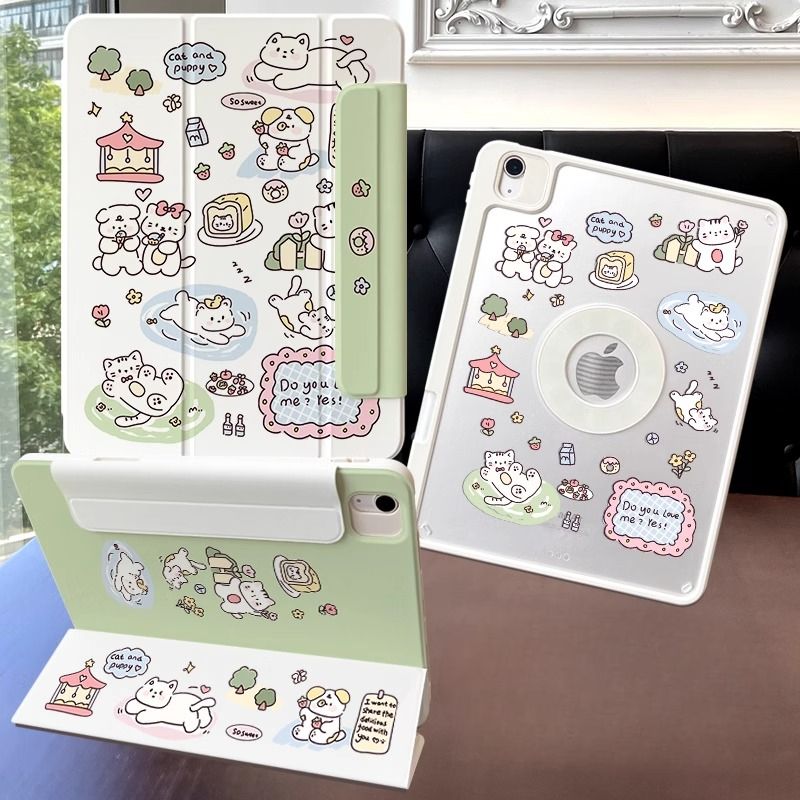 タブレットケース 可愛い動物イラスト磁気吸着ケース