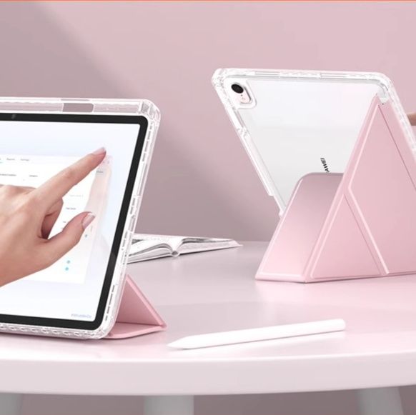 タブレットケース 透明背面クリア折り畳みスタンド式保護カバー