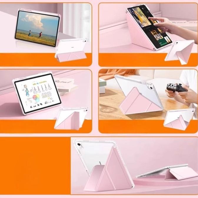タブレットケース 透明背面クリア折り畳みスタンド式保護カバー