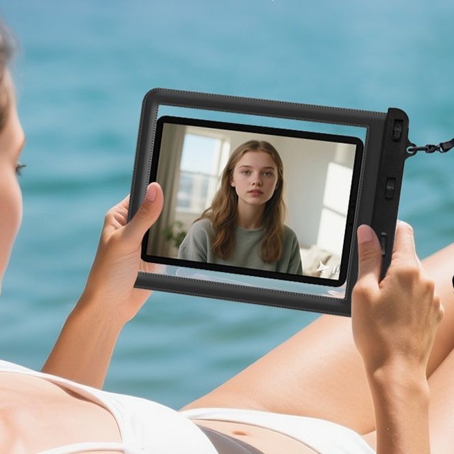 タブレットケース 肩掛け調節可能全透明防水タブレット保護ポーチ 23x26.5cm