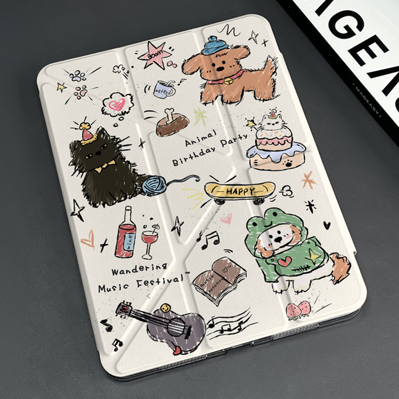 タブレットケース タブレットケース ねこ仲間イラスト折りたたみケース