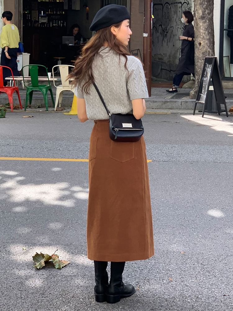 タイトスカート 裏起毛コーデュロイフロントスリットタイトスカート