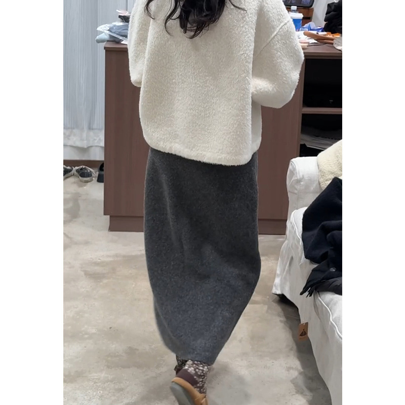 タイトスカート ウール混紡ニット素材ハイウエストロングスカート