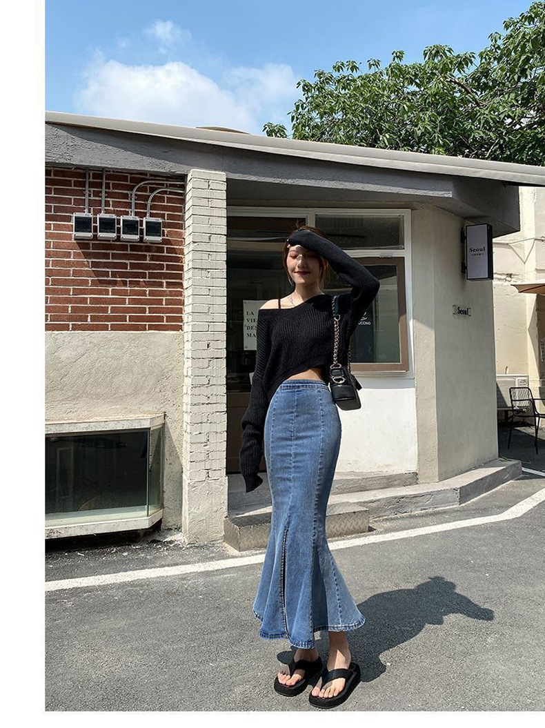 タイトスカート デニム素材マーメイドヘムタイトロングスカート