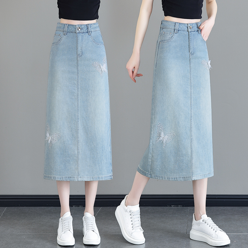 タイトスカート 刺繍入りデニム地ハイウエストタイトスカート