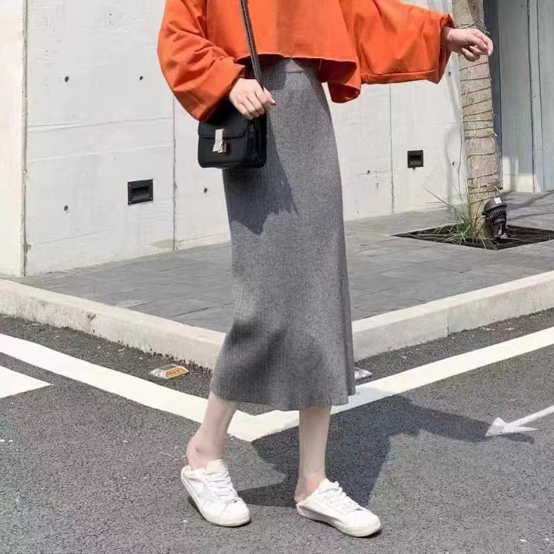 タイトスカート リブ編みニットタイトスカートロング丈